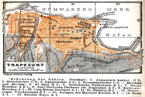 Ein detaillierter alter Stadtplan von Trapezunt, Deutschland, der Straßen, Gebäude, Sehenswürdigkeiten und begleitenden Text zeigt, der die Bevölkerung, Straßen und Sehenswürdigkeiten der Stadt beschreibt.