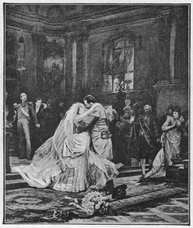 Ein Schwarz-Weiß-Foto von einer Braut und einem Bräutigam, die sich leidenschaftlich umarmen und küssen, vor einer Menge, mit einem Blumenstrauß auf dem Boden und einer Wand mit einem Fenster im Hintergrund.