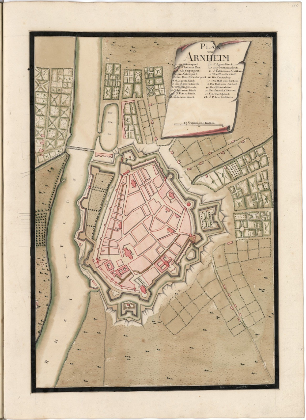 Ein altes Buch mit einer detaillierten Karte von Arnheim, Deutschland, das Straßen, Gebäude und Sehenswürdigkeiten zeigt und von Text begleitet wird, der zusätzliche Informationen zur Karte liefert.