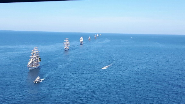 Eine große Gruppe von Segelschiffen segelt auf dem Meer unter einem klaren blauen Himmel und nimmt an einem Regattasegeln teil.