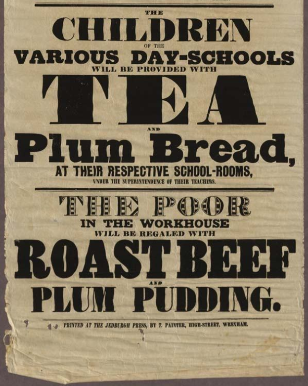 Ein Blatt mit Text, auf dem steht, dass Kinder aus verschiedenen Tagesschulen mit Tee, Pflaumenbrot, Roastbeef und Pflaumenpudding versorgt werden.