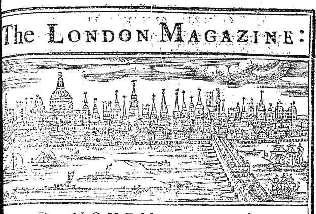 Schwarze und weiße Illustration einer Stadtlandschaft mit Booten auf dem Wasser, betitelt "The London Magazine" oben und unten.