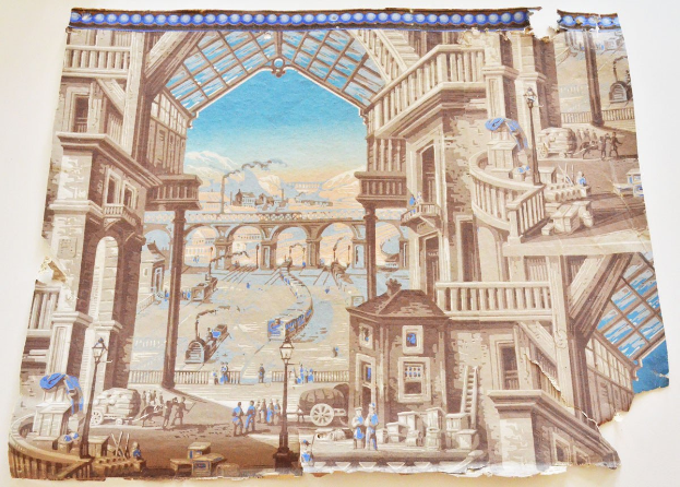 Mosaikbild mit einer belebten Stadtansicht mit Menschen, Geb├Ąuden, Laternenmasten, Stra├čenlaternen, Karren, einer ├Überquerung, Hügeln und Wolken.