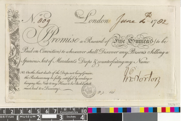 Schwarz-weißes Dokument mit handgeschriebener Text, amtlichem Stempel und Farbskalen am unteren Rand, die eine Belohnung von fünf Emiraten für die Meldung von gefälschten Mardant's Tropfen angeben.