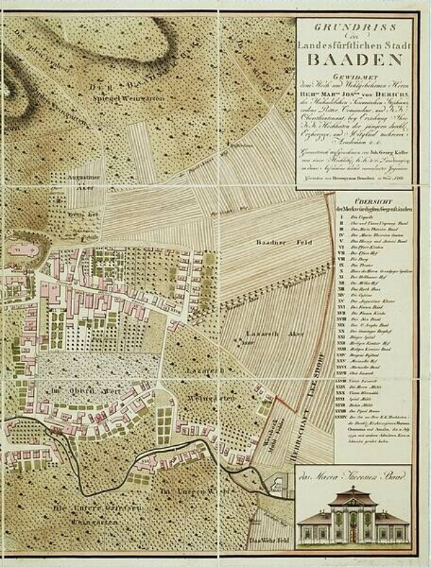 Ausführliche alte Karte von Baden-Württemberg, Deutschland, mit einem Gebäude in der rechten unteren Ecke, das Straßen, Gebäude und Sehenswürdigkeiten mit zusätzlichen Textinformationen zeigt.