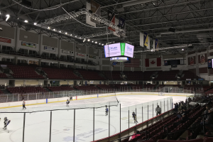Hockey-Spiel in einer großen Arena mit einem zentralen Netz, Zuschauern auf beiden Seiten, Deckenbeleuchtung und Trägern sowie Bannern an den Wänden, die als St. Louis Blues Arena beschriftet sind.