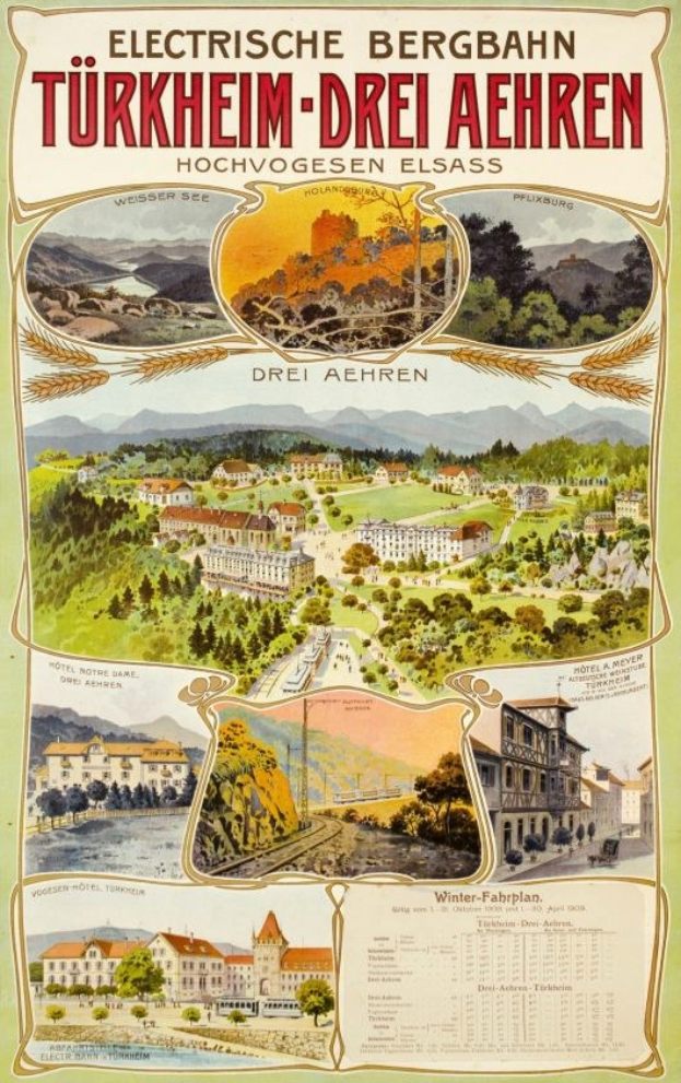 Plakat für Bergbahn, Deutschland, als Elektrostadt mit Bildern von Gebäuden, Bäumen, Hügeln und beschreibendem Text.