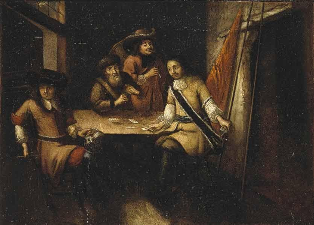 Gem├Ąlde namens "Das Kartenspiel" von Rembrandt van Rijn, das eine Gruppe von Menschen zeigt, die in einer Taverne Karten spielen, mit einem Vorhang und einem Fenster rechts.