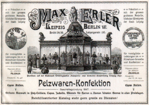 Schwarze und weiße Werbeplakat für Max Erler Leipzig in Berlin, Deutschland, das eine Gruppe von Menschen vor einem Gebäude mit Werbetext zeigt.