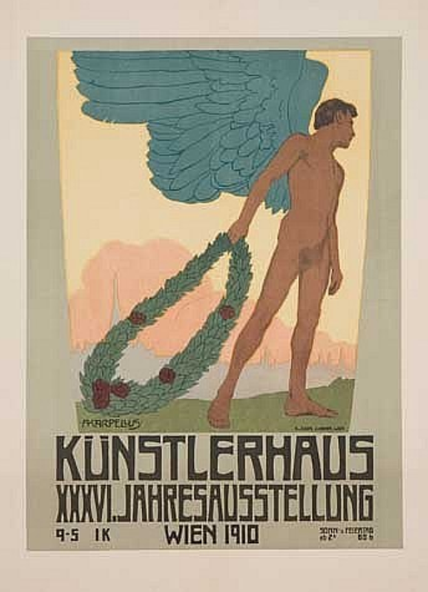Deutsches Propagandaplakat aus dem Jahr 1910 mit einem geflügelten Mann in einem Kranz, mit entschlossener Miene und ausgestreckten Armen, darüber die Schrift "Künstlerhaus Wien 1910".