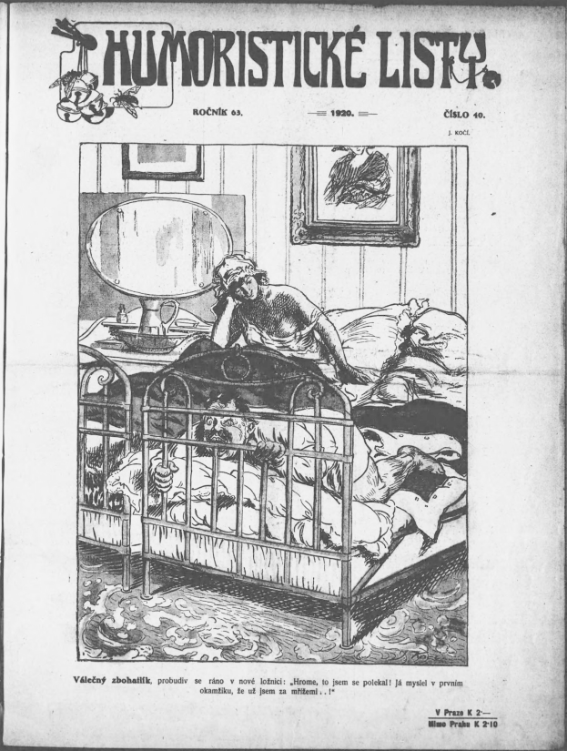 Schwarze und weiße Illustration einer Person, die auf einem Bett liegt, mit einem Spiegel auf dem Nachttisch und einem Rahmen an der Wand, begleitet von Text, der "humoristische liste - tschechische republik - 20. april 1920" lautet.