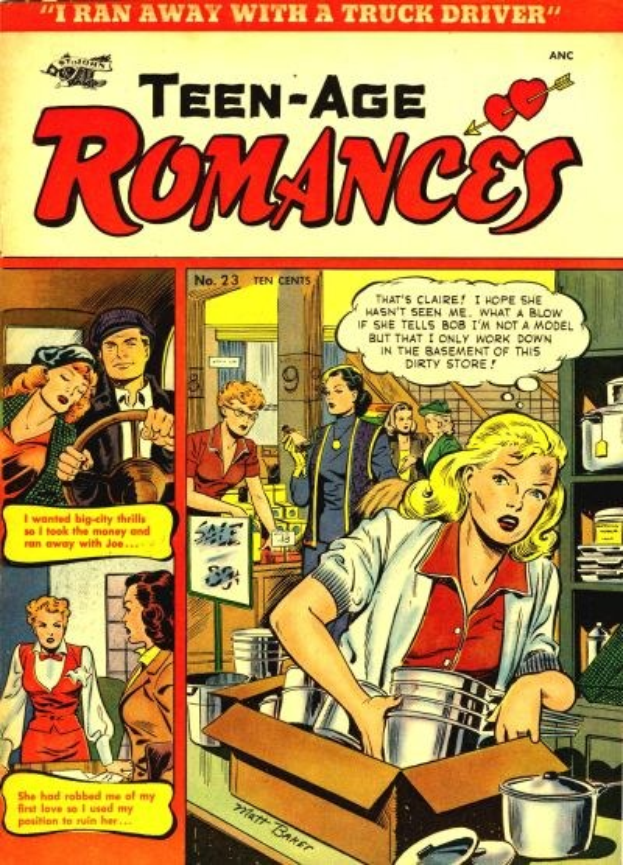 Ein buntes Plakat mit der Aufschrift 'Teen-Age Romances 23-A von DC' zeigt eine Gruppe von Menschen in einer romantischen Umarmung, die lächeln und sich gegenseitig anschauen.