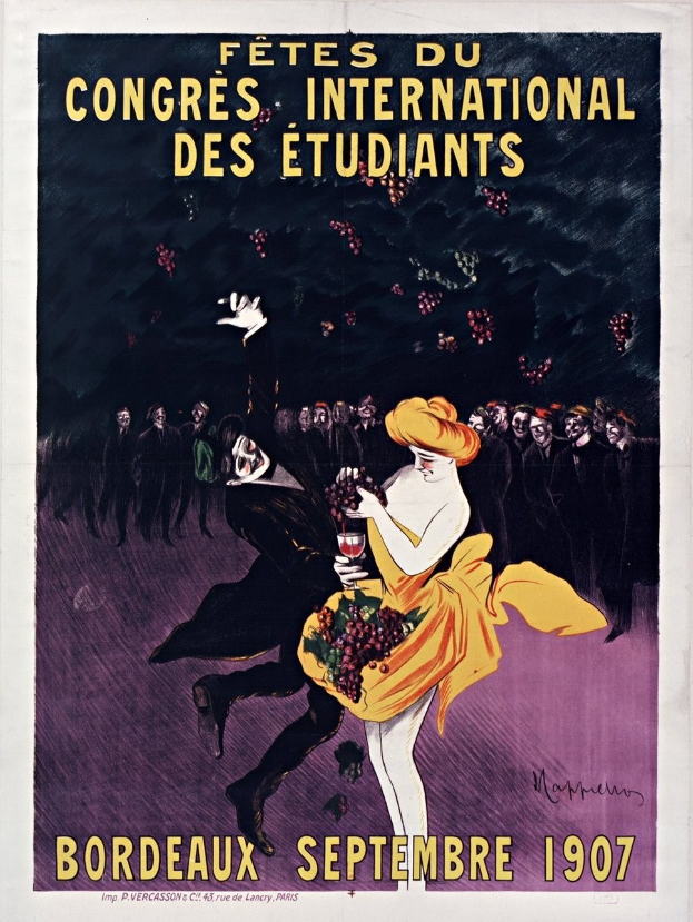 Plakat aus dem Jahr 1907, das eine Weinprobe in Bordeaux, Frankreich, ankündigt, mit einer Frau in einem gelben Kleid, die ein Weinglas hält, umgeben von einer Menge, mit Veranstaltungstexten.