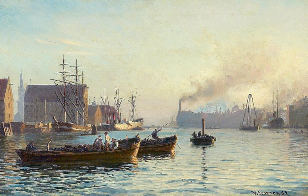 Gemälde mit dem Titel "Der Hafen von Hamburg", das Boote auf dem Wasser in der Nähe einer Stadt mit Menschen in den Booten und Gebäuden im Hintergrund zeigt, Öl auf Leinwand.