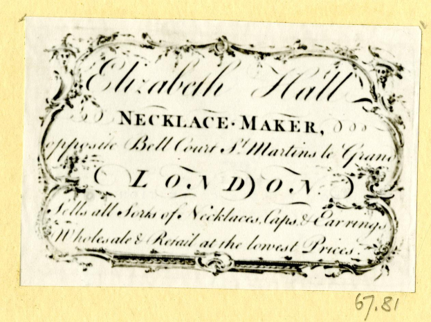 Alte Visitenkarte mit Abbildung eines Schmuckherstellers und Beschreibung der Dienstleistungen.