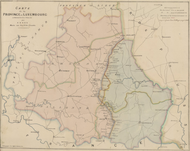 Detailierte alte Karte der Provinzen Luxemburgs mit beschrifteten Grenzen, Städten und geografischen Merkmalen.