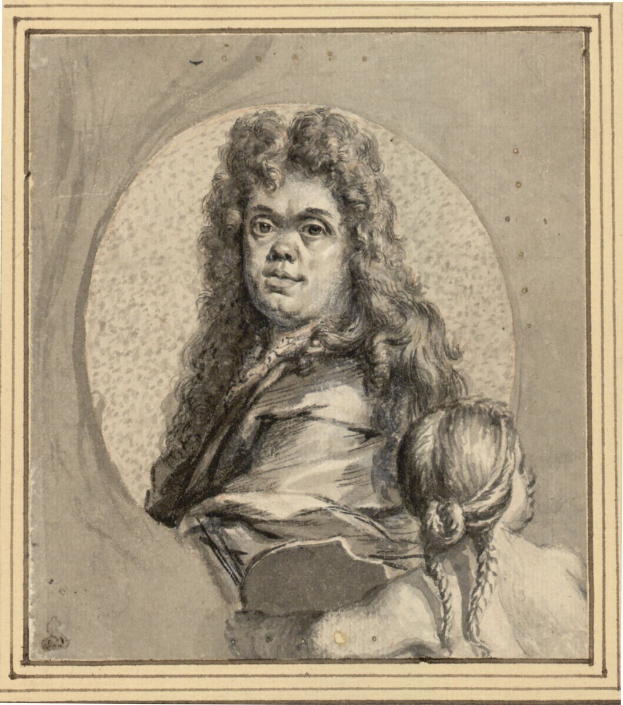 Ein Porträt eines Mannes mit langen Haaren und einem ernsten Gesichtsausdruck, eine Frau mit einem sanften Gesichtsausdruck, die ein Kind hält, beide schauen direkt in die Kamera.