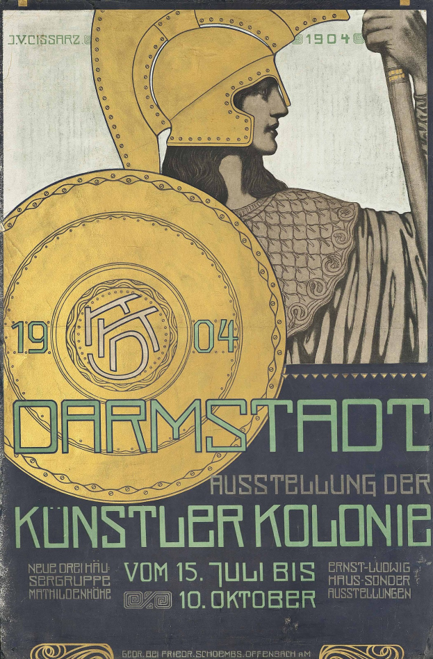 Plakat für ein 1904er Berlin-Konzert mit einem Helmträger, der ein Schild mit «Darmstadt» und «Künstler Kolonie» in fetter Schrift hält.