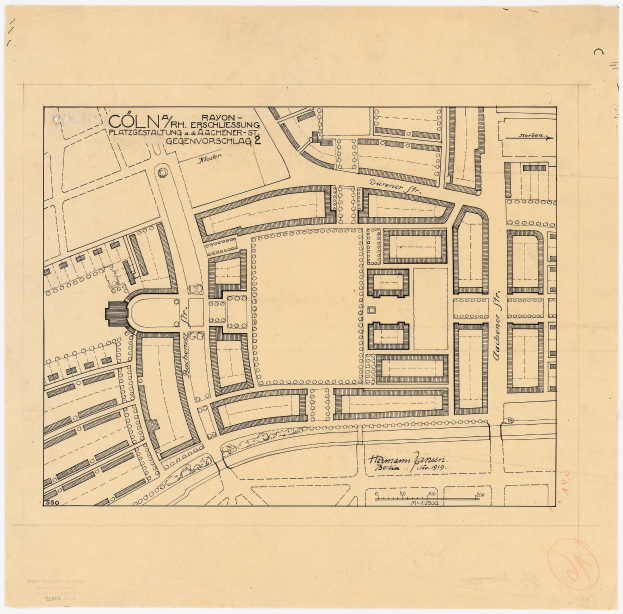 Alte Karte von Köln, Deutschland, die einen detaillierten Gebäudegrundriss mit handgeschriebenen Textanmerkungen auf altem Papier zeigt.