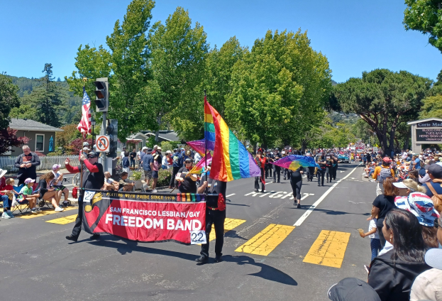 Eine Gruppe von Menschen, die während des San Francisco LGBT Pride Parade die Straße entlanggehen, einige halten Regenbogenflaggen und Schirme, andere sitzen auf Stühlen oder stehen, mit einer Ampel, einem Schild, Bäumen, Gebäuden und einem sichtbaren Himmel im Hintergrund.