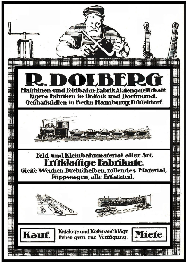 Werbeplakat für die Fabrik von R.D. Dolberg in Hamburg, Deutschland, das Text und Bilder einer Person, eines Zugs und anderer Gegenstände zeigt.