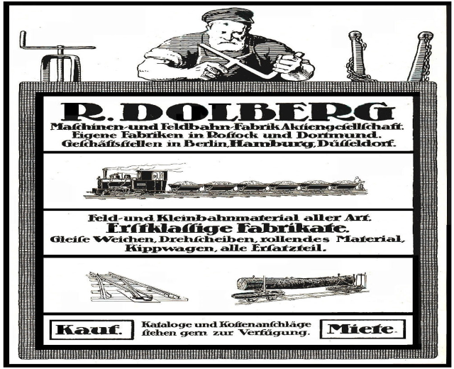 Werbeplakat für die Fabrik von R.D. Dolberg in Hamburg, Deutschland, das Text und Bilder einer Person, eines Zugs und anderer Gegenstände zeigt.