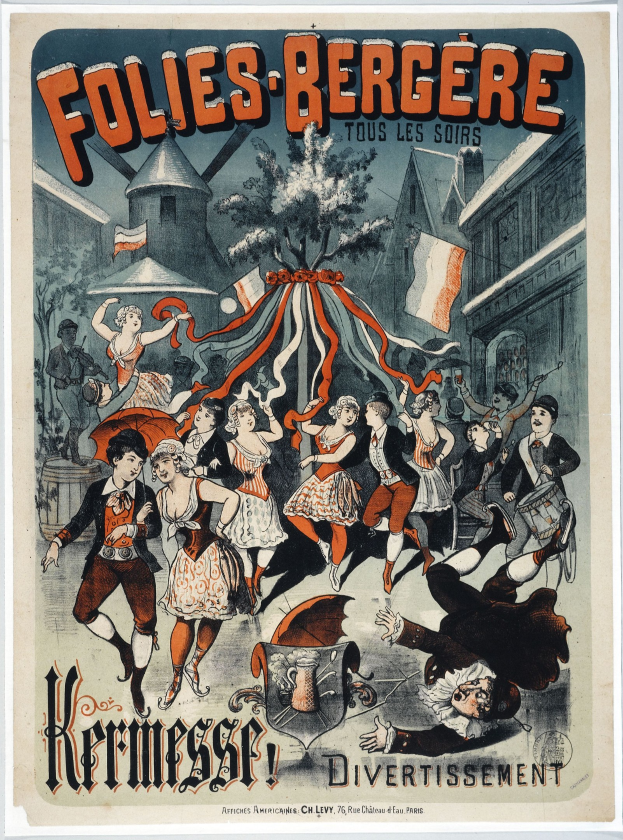 Plakat für das Folies Berg├Ęre-Festival in Paris, das tanzende Menschen in Vordergrund mit Geb├Ąuden, B├Ąumen und Flaggen im Hintergrund zeigt.