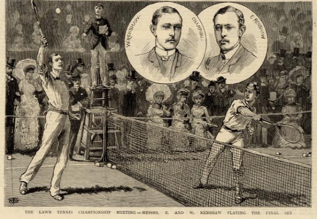 Schwarze und weiße Zeichnung von zwei Männern, die Tennis auf einem Platz spielen, mit Zuschauern im Hintergrund und Text unten, der lautet: "Das Lawn-Tennis-Meisterschaftstreffen - Messers, E und W Renshaw spielen den entscheidenden Satz."