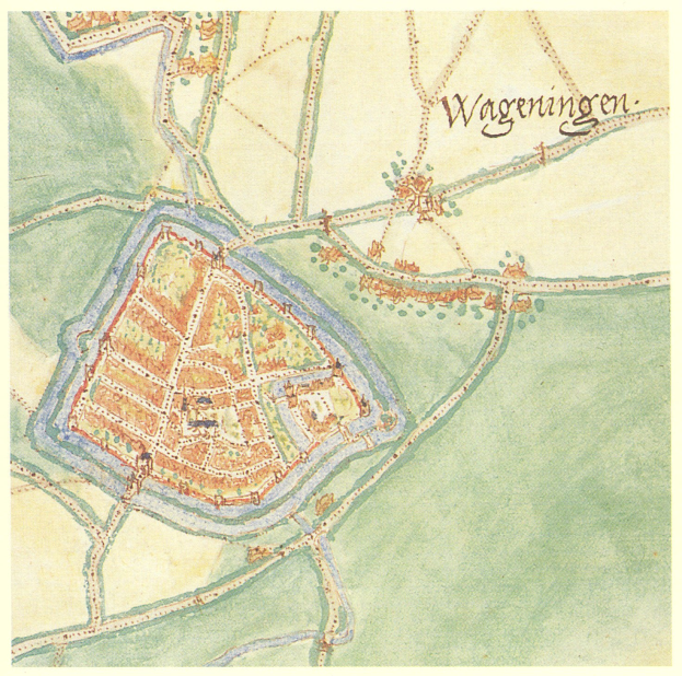 Detailiertes Stadtplanplakat von Wageningen, Deutschland, mit Straßen, Gebäuden und Sehenswürdigkeiten mit beschrifteten Texten.