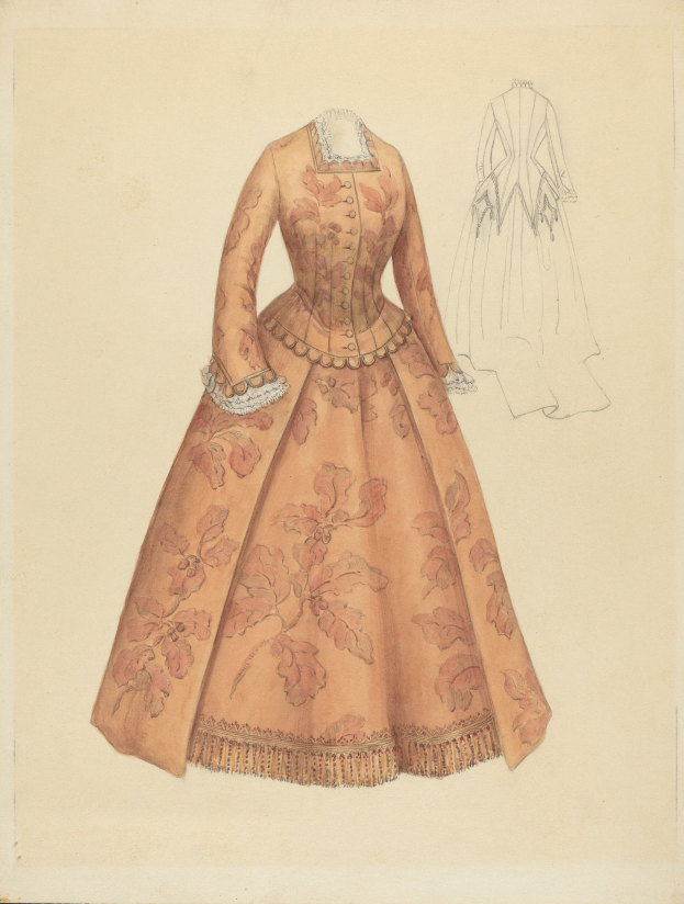 Eine Zeichnung eines Kostümdesigns aus dem 18. Jahrhundert mit einem langen, hochgeschlossenen Kleid mit einem floral gemusterten Mieder in Rosa, Lila und Blau, einem bodenlangen Rock mit Spitzenbesatz und einem hellblauen Hintergrund.