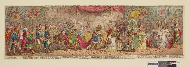 Eine Gruppe von Menschen in farbenfrohen Kostümen steht vor einer Bühne mit einem Vorhang, die den Großen Karneval von Napoleon, dem Kaiser von Frankreich, von der Kirche Saint-Denis, Dezember 1785, feiern, einige halten Fahnen und Dekorationen.