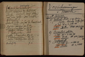 Ein offenes deutsches Militärtagebuch aus dem frühen 20. Jahrhundert, gefüllt mit handgeschriebenem Text und Zahlen.