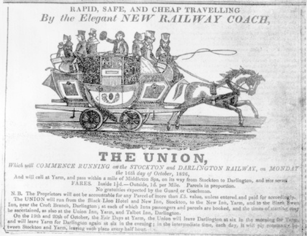 Schwarze und weiße Zeitungsanzeige für die Gewerkschaft, die eine Kutsche mit einer Gruppe von Menschen zeigt, mit Text, der das Ereignis beschreibt.