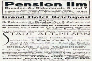 Schwarze und weiße Zeitungsanzeige für das Pension Inn in Dresden, Deutschland.