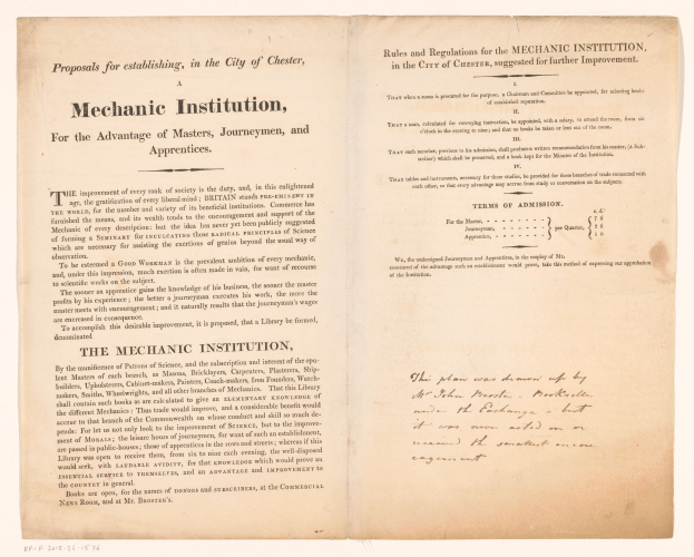 Offenes Buch mit dem Titel "Mechanische Anstalt, zum Vorteil von Meistern, Gesellen und Lehrlingen", wahrscheinlich ein Vorschlag zur Gründung einer mechanischen Anstalt.