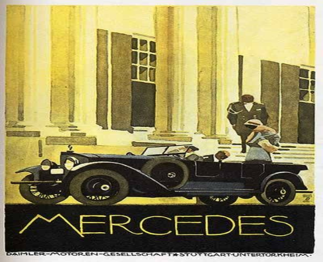 Vintage-Plakat aus den 1920er-Jahren mit einem Mercedes-Benz-Auto mit zwei Insassen, das vor einem modernen Gl├Ąserturm geparkt ist, mit 'Mercedes-Benz'-Text unten.