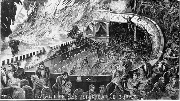 Schwarze und weiße Illustration von panischen Theaterbesuchern in einem brennenden Gebäude, das mit "Tödlicher Brand Exeter Theatre" beschriftet ist, mit Rauch, der in den Himmel aufsteigt.