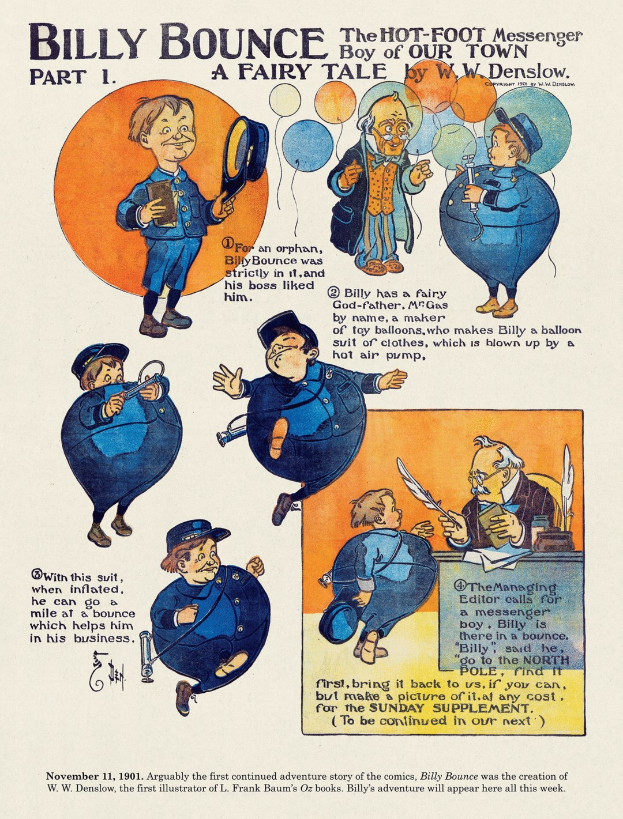 Ein Blatt Papier mit Cartoons von einem Jungen in Hut und Cape, der einen Zauberstab und ein Buch hält, betitelt mit "Billy Bounce, der Hot Foot Messenger, Teil 1: Ein Märchen", vor einem blauen Himmel.