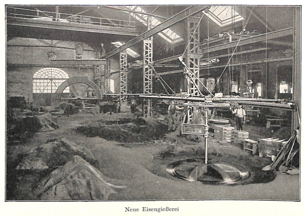 Schwarzes und weißes Foto einer Fabrikhalle mit Arbeitern, die an Maschinen arbeiten, umgeben von Metallstangen und -rohren, beschriftet mit 'Neue Eisenglebeerei, die erste Fabrik in Deutschland' unten.