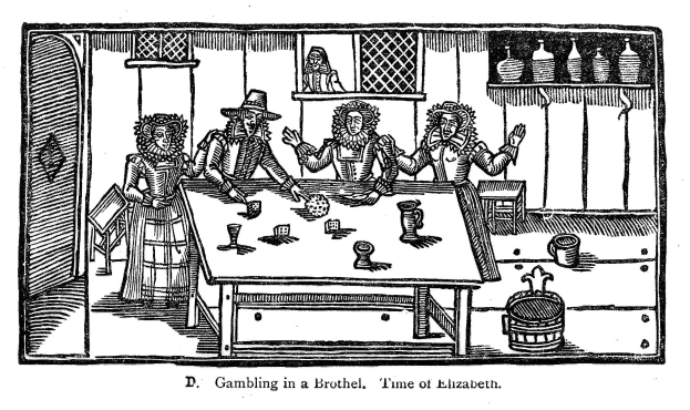Schwarze und weiße Zeichnung von Menschen, die um einen Tisch sitzen und ein Glücksspiel spielen, mit Gegenständen auf dem Tisch und Text unten.