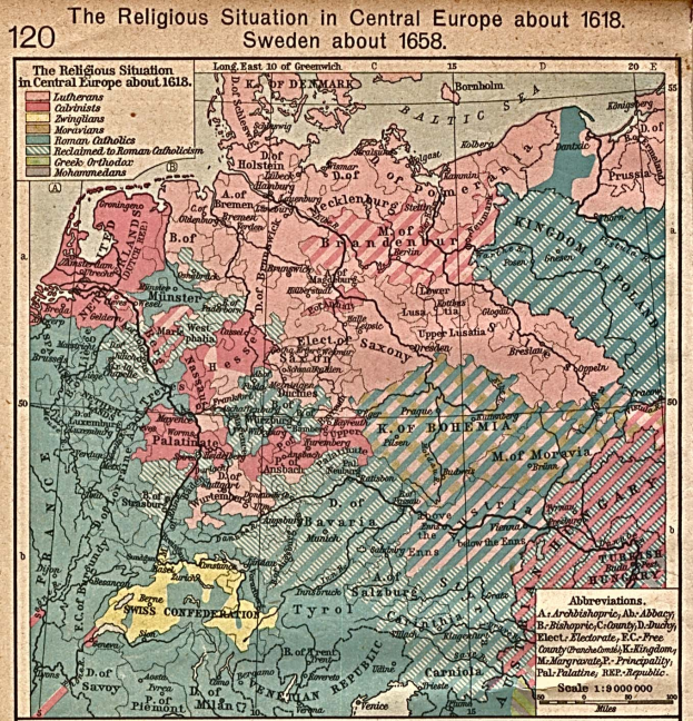Plakat mit einer detaillierten Karte von Mitteleuropa aus dem Jahr 1618, die den religiösen Landschaft illustriert, begleitet von erklärendem Text.