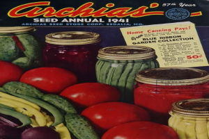 Ein Buch mit dem Titel "Archias Saatgut-Jahrbuch 1941", das Bilder von Tomaten, Gurken, Paprika und Gläser mit verschiedenen Gemüsen auf dem Cover zeigt.