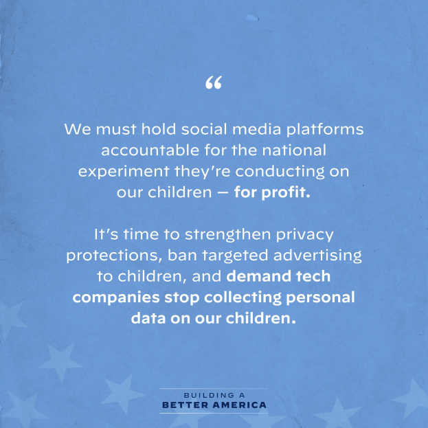 Plakat mit einem Zitat aus Building a Better America, das besagt, dass soziale Medien-Plattformen für das Experimentieren an Kindern zur Gewinnmaximierung zur Rechenschaft gezogen werden sollten, dekoriert mit Sternen.