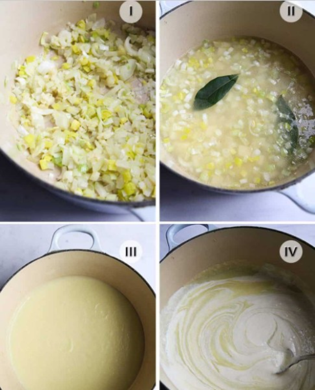 Eine Collage aus vier Fotos, die den Prozess des Kocheins zeigen: Gemüse wird in einer Schüssel gehackt, Zutaten werden hinzugefügt, eine Mischung aus Gemüse im Topf und die fertige Suppe, die serviert werden kann.