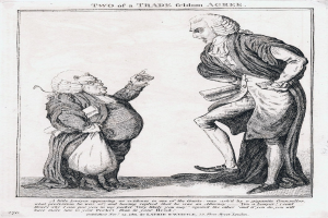 Schwarz-weiß-Zeichnung von zwei sich gegenüberstehenden Personen, eine hält eine Tasche, mit handgeschriebenem Text "Zwei eines Handwerksfeldes einigen sich" zwischen ihnen.