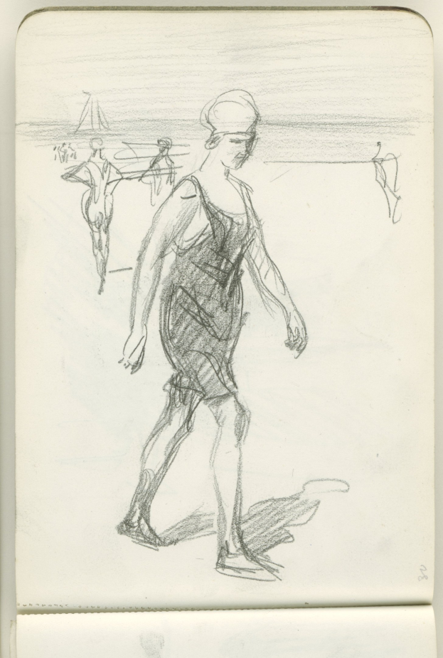 Eine Skizze einer Frau in einem langärmeligen Kleid mit hohem Kragen, die am Strand bei Sonnenuntergang geht.