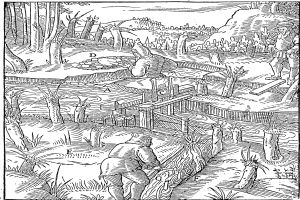 Eine Schwarzweiß-Gravur eines Mannes, der in einem bewaldeten Gebiet arbeitet, umgeben von Bäumen, Pflanzen und Gegenständen, mit dem Text "Die Werkstatt des Holzfällers" unten.