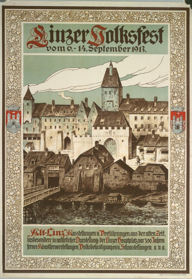 Alter deutscher Volksfestplakat mit einem Schloss und Häusern, das Text über das Ereignis enthält.