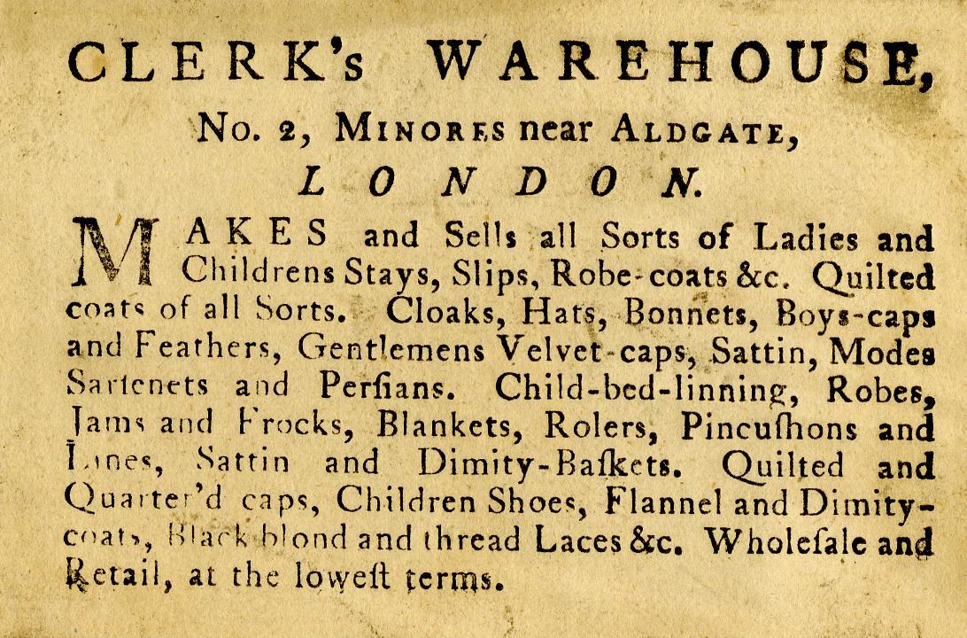 Schwarze-Weiße-Anzeige für Clerk's Warehouse, Nr. 2 Minories in der Nähe von Aldgate, London, mit Text, der seine Angebote beschreibt.