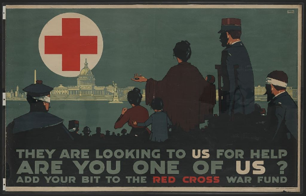 Plakat mit einer Gruppe von Menschen vor einem Gebäude mit einem roten Kreuz, auf dem die Zuschauer zur Teilnahme am Roten Kreuz-Kriegsfonds aufgerufen werden.